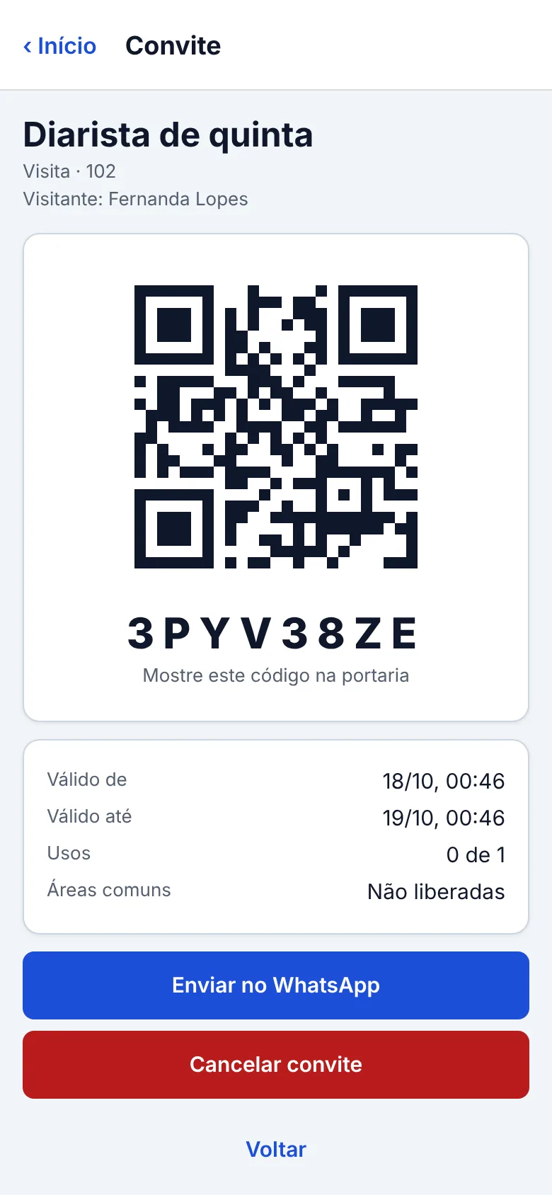 Convite de visita com QR, o código em letras grandes e o botão Enviar no WhatsApp.