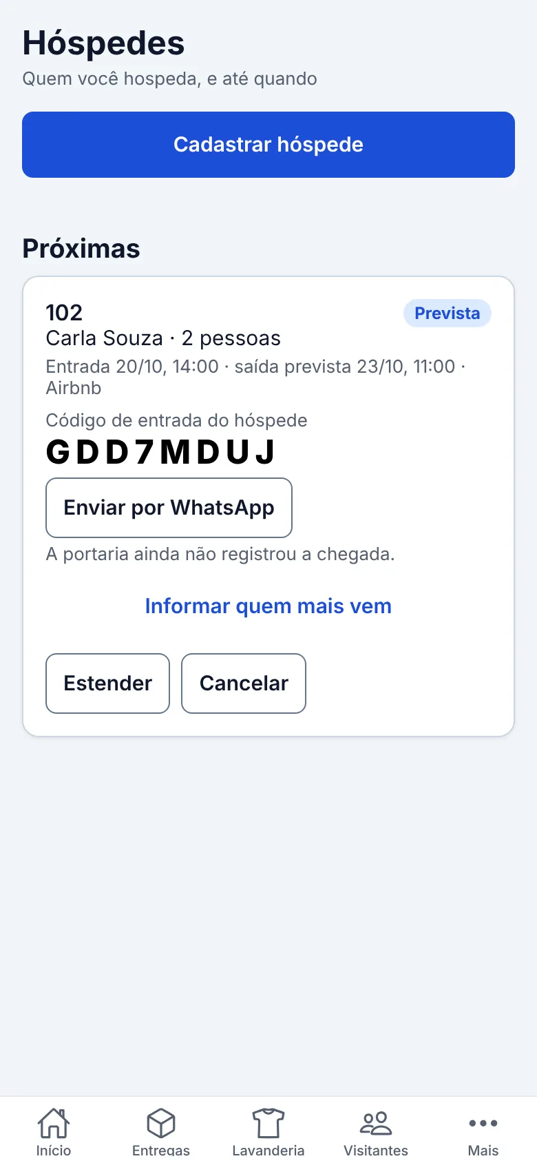 Tela Hóspedes com uma estadia prevista, período de entrada e saída e o código de entrada do hóspede.