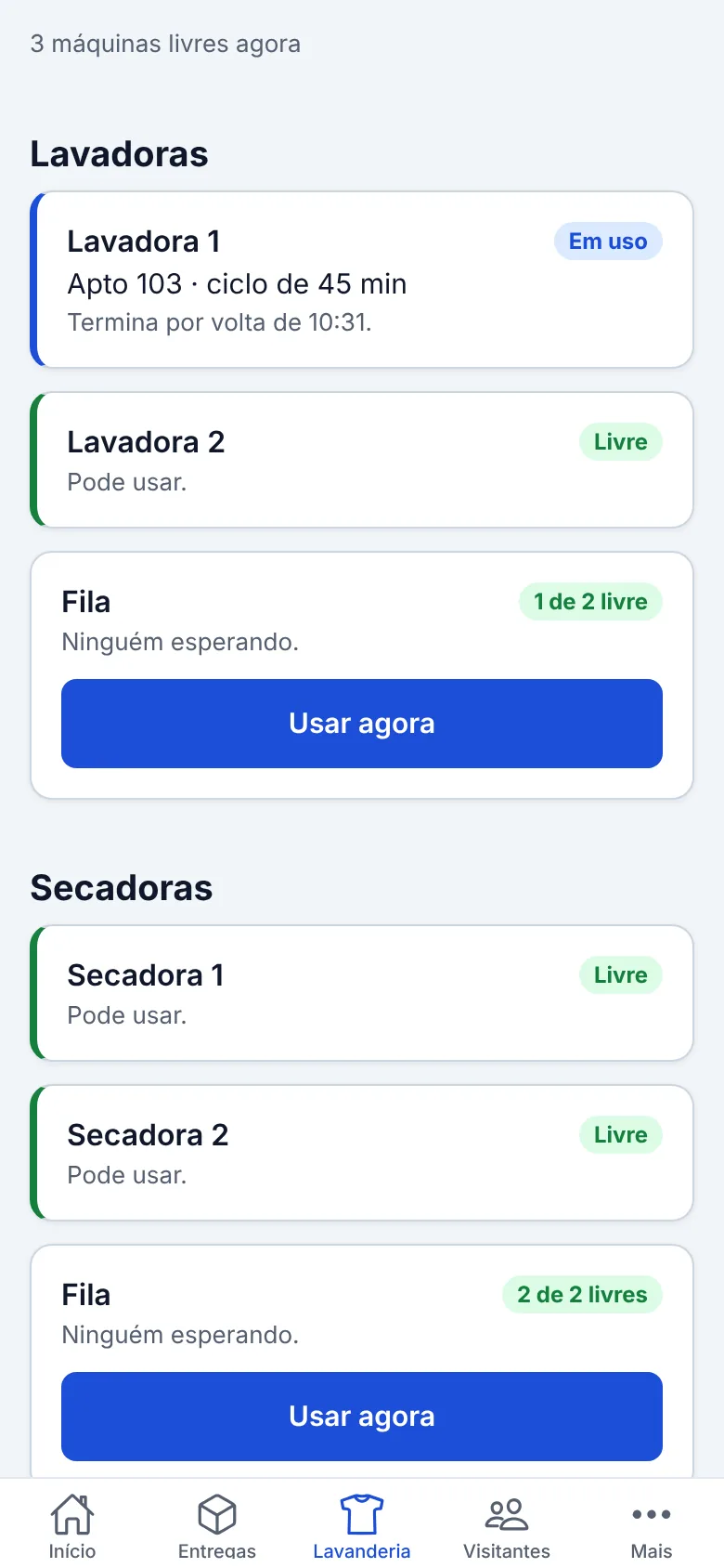 Lavanderia com uma lavadora em uso pelo apartamento 103 e a previsão de término, outra livre, e a fila.