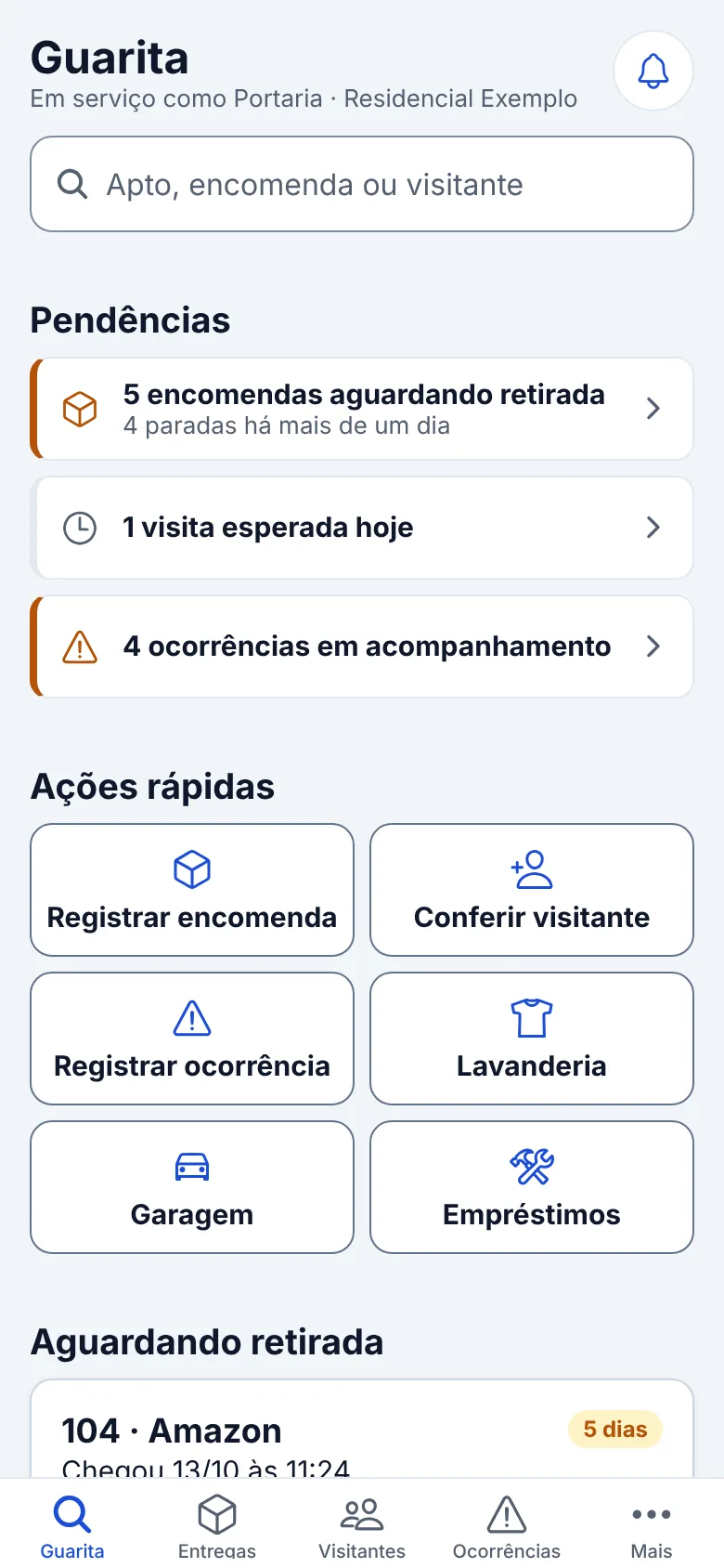 Guarita no celular: busca por apartamento, encomenda ou visitante, pendências e ações rápidas.