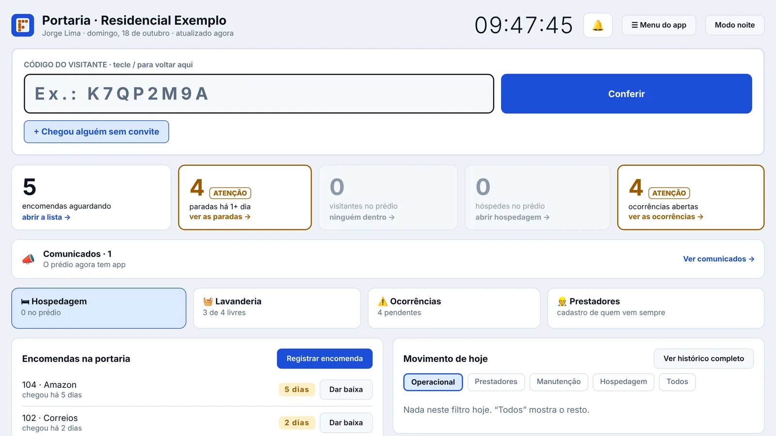 Painel da guarita no computador: campo para conferir o código do visitante, contadores de encomendas, visitantes, hóspedes e ocorrências, e a lista de encomendas na portaria.